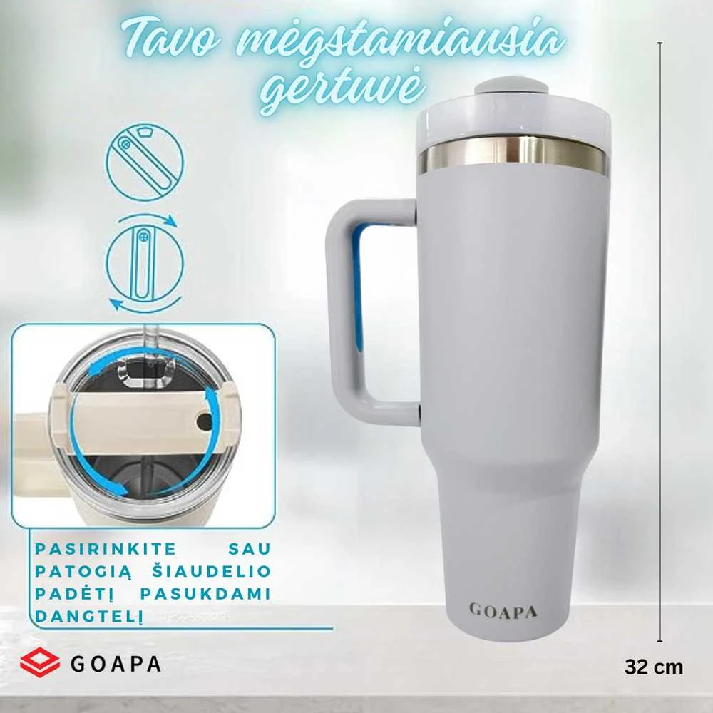 Goapa Metalinė daugiafunkcinė termo gertuvė su rankena ir šiaudeliu KREMINĖ