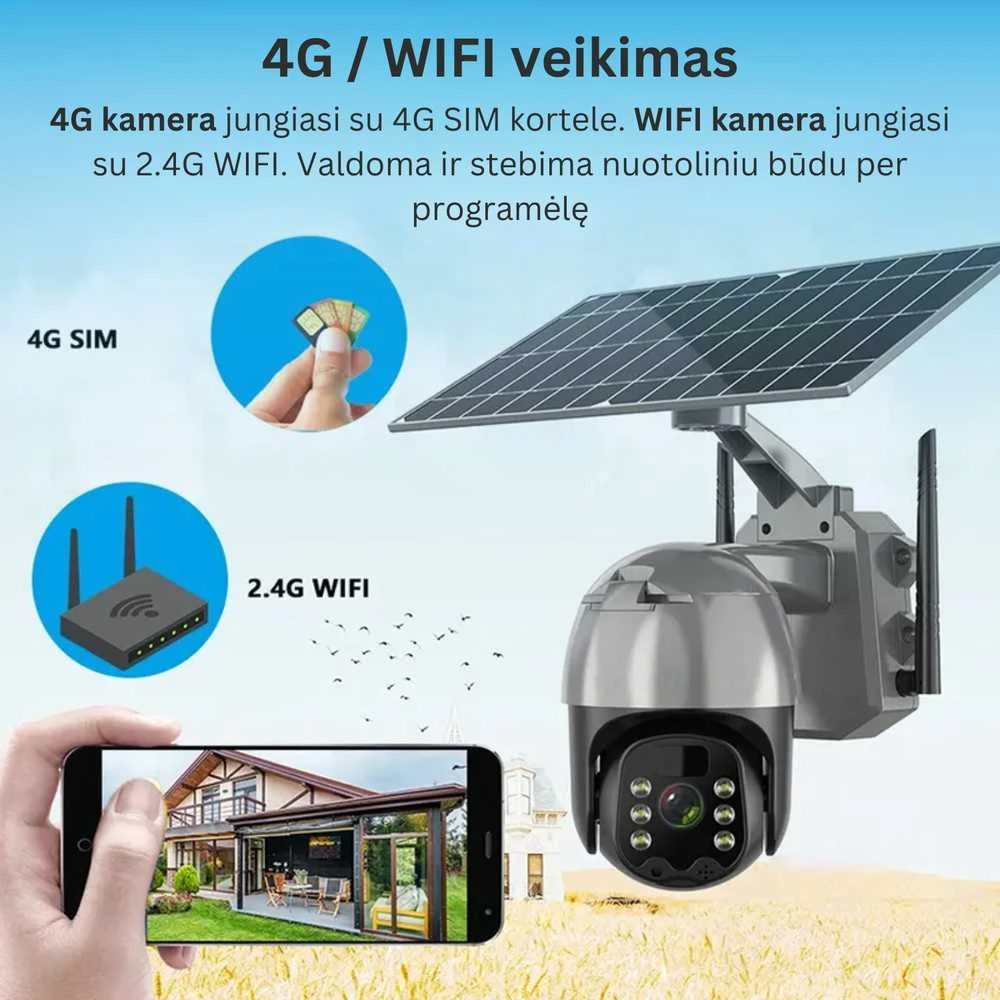 Lauko stebėjimo kamera 4G su SIM kortele ir saulės baterija, naktinis matymas, IP65 – GOAPA