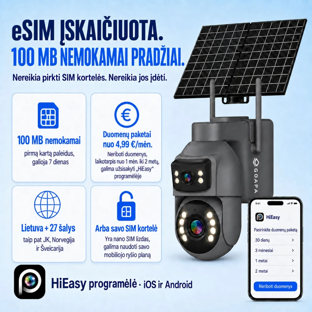 Goapa Lauko stebėjimo kamera 4G su SIM kortele ir saulės baterija, naktinis matymas, IP65