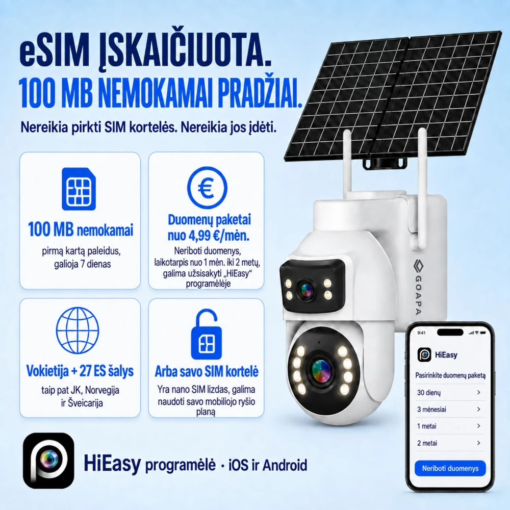 Goapa Lauko stebėjimo kamera 4G su SIM kortele ir saulės baterija, naktinis matymas, IP65