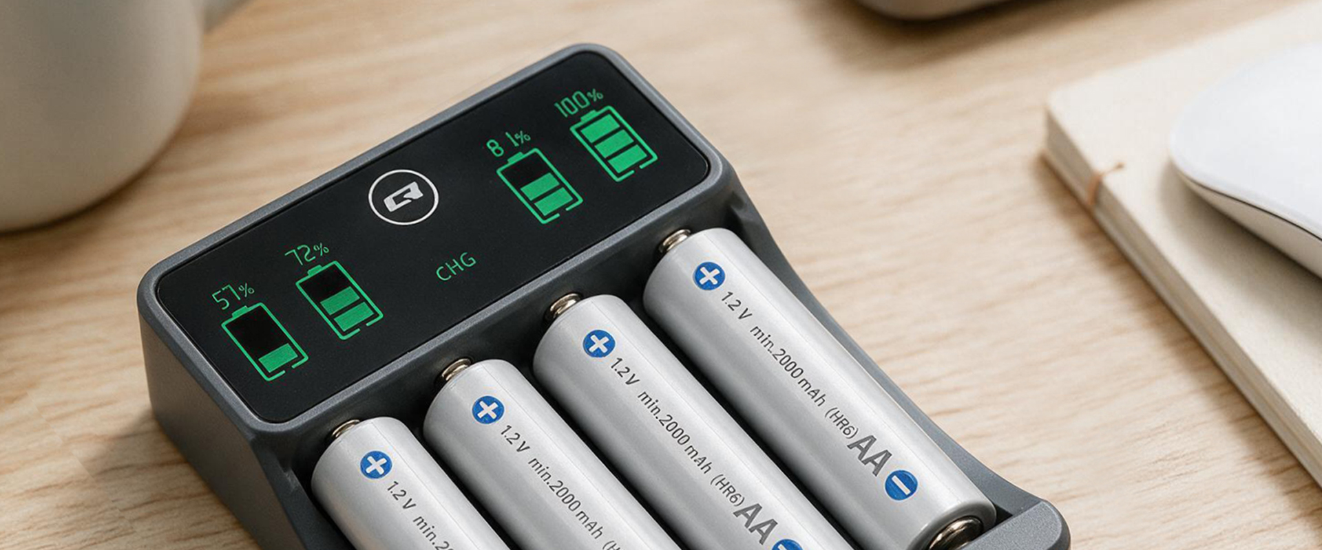 Qoltec Įkroviklis do akumulatorków Ni-MH typu R03 AAA R6 AA | LCD | Kabelis USB-C | Juoda aprašymas - Prekės nuotrauka Qoltec Įkroviklis do akumulatorków Ni-MH typu R03 AAA R6 AA | LCD | Kabelis USB-C | Juoda aprašymas - Prekės nuotrauka