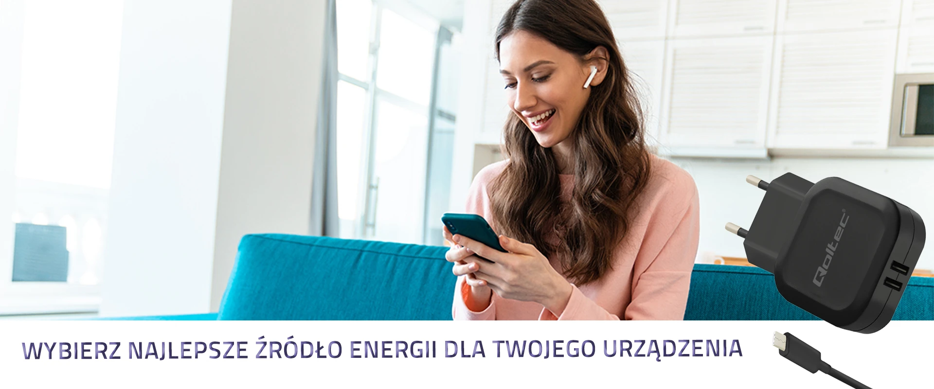 Qoltec Įkroviklis jungiama į tinklą 17W | 5V | 3.4A | 2xUSB + kabelis USB typC aprašymas - Prekės nuotrauka