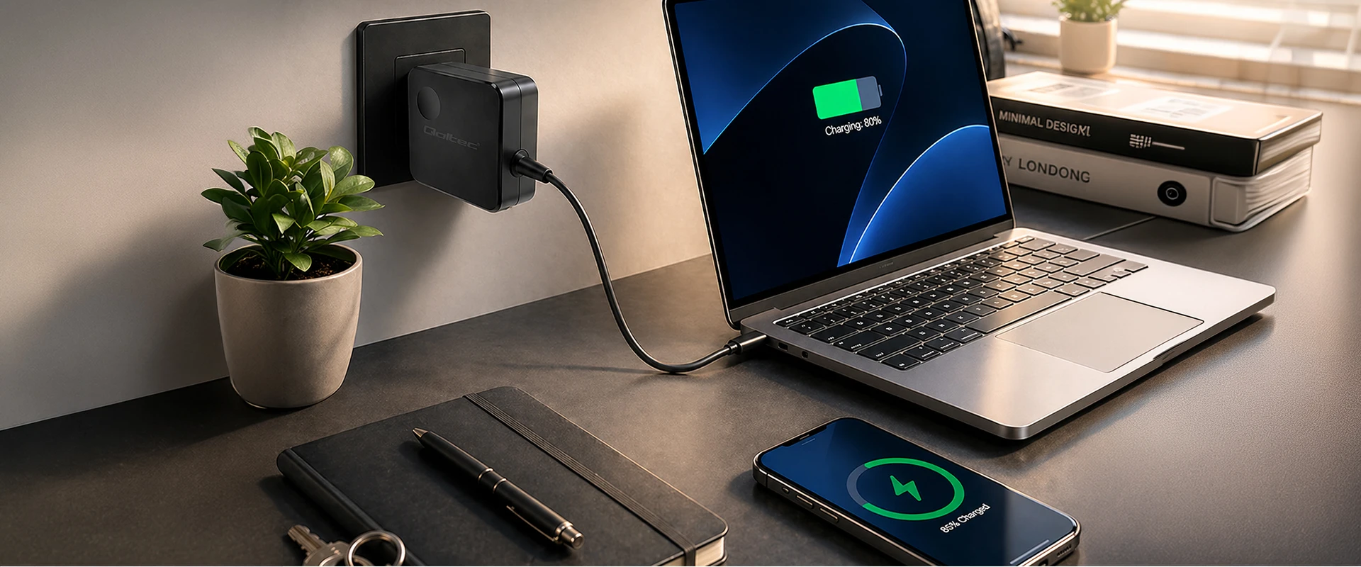 Qoltec 100W GaN Super Fast | USB-C PD | 5-20V | 3-5A | Nešiojamas kompiuteris | MacBook | Išmanusis telefonas | + kabelis 1.8m aprašymas - Prekės nuotrauka