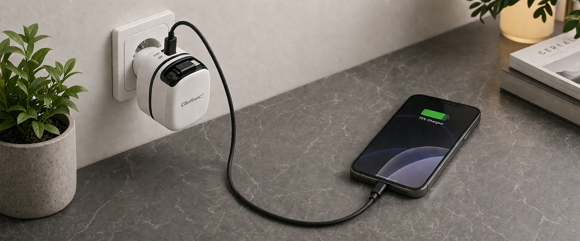 Qoltec Įkroviklis jungiama į tinklą GaN Super Fast 65W | USB-C PD PPS | 5-20V | 3-3.25A | Nešiojamas kompiuteris | MacBook | Išmanusis telefonas | wysuwany kabelis aprašymas - Prekės nuotrauka