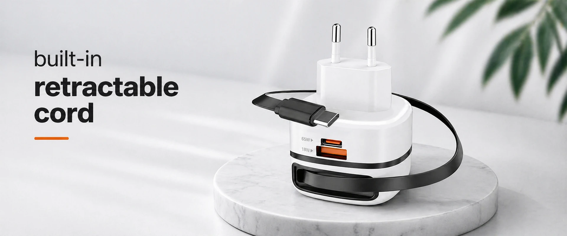 Qoltec Įkroviklis jungiama į tinklą GaN Super Fast 65W | USB-C PD PPS | 5-20V | 3-3.25A | Nešiojamas kompiuteris | MacBook | Išmanusis telefonas | wysuwany kabelis aprašymas - Prekės nuotrauka