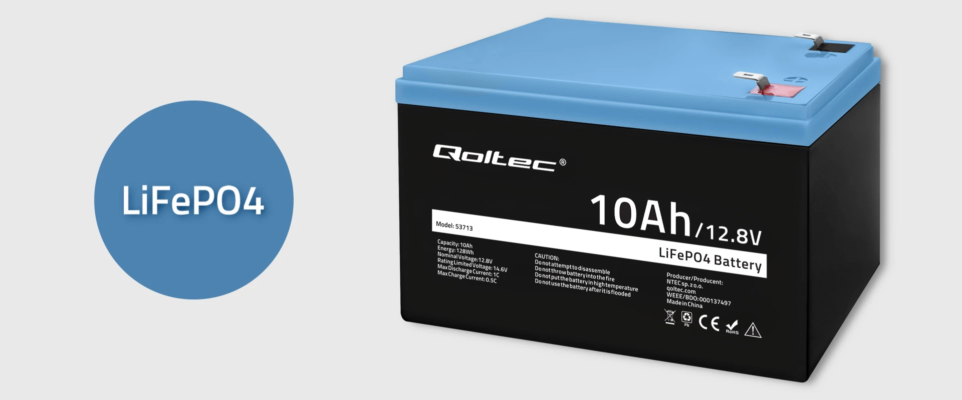 Qoltec 53713 LiFePO4 lithium iron phosphate battery | 12.8V | 10Ah | 128Wh | BMS aprašymas - Prekės nuotrauka