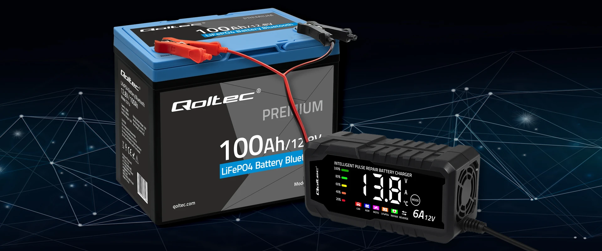 Qoltec Akumuliatorius LiFePO4 Litowo-Żelazowo-Fosforanowy | 12.8V | 100Ah | 1280Wh | Bluetooth | BMS aprašymas - Prekės nuotrauka