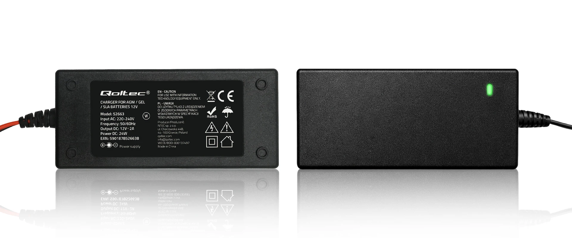 Qoltec automatinė kroviklis do akumulatora AGM GEL STD | Prostownik 12V | 2A | 24W | LED | Kabelis 1.8m aprašymas - Prekės nuotrauka