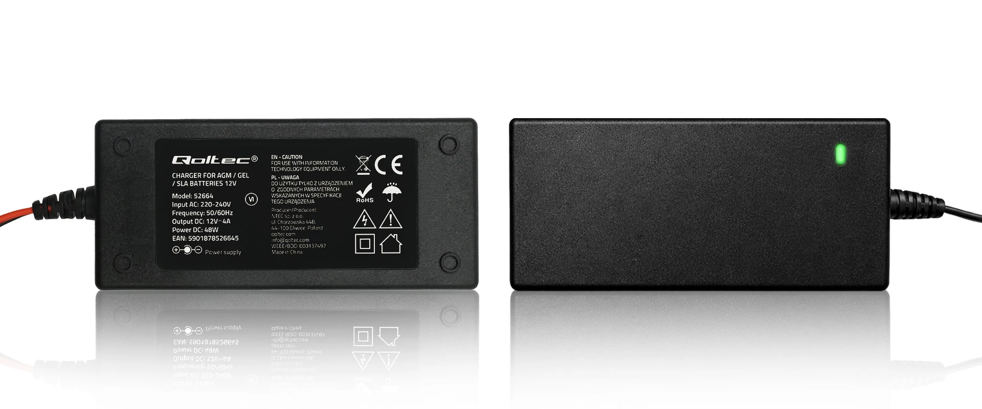 Qoltec automatinė kroviklis do akumulatora AGM GEL STD | Prostownik 12V | 4A | 48W | LED | Kabelis 1.8m aprašymas - Prekės nuotrauka