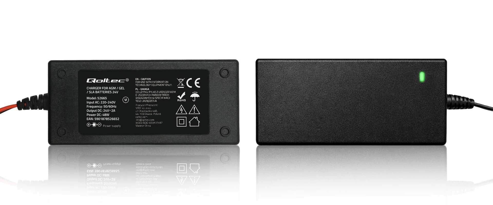 Qoltec 52665 Automatic charger for AGM GEL STD batteries | 24V charger | 2A | 48W | LED | 1.8m cable aprašymas - Prekės nuotrauka