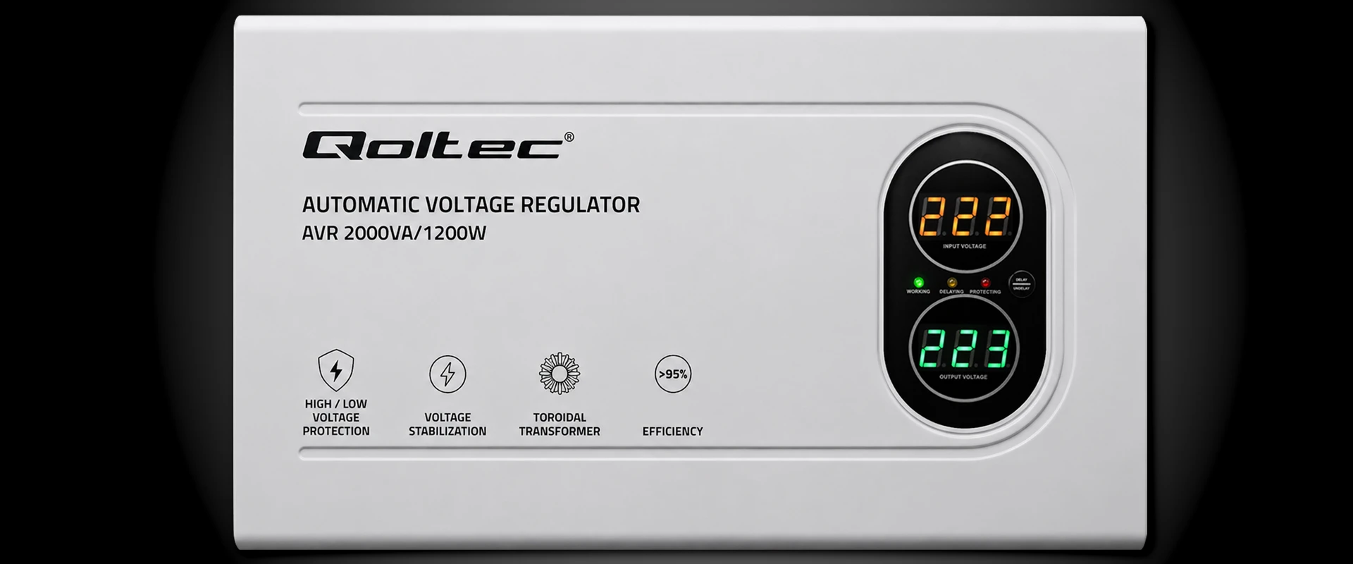 Qoltec Automatyczny Stabilizator napięcia AVR 2000VA | 1200W | Compact | Toroidalny transformator aprašymas - Prekės nuotrauka