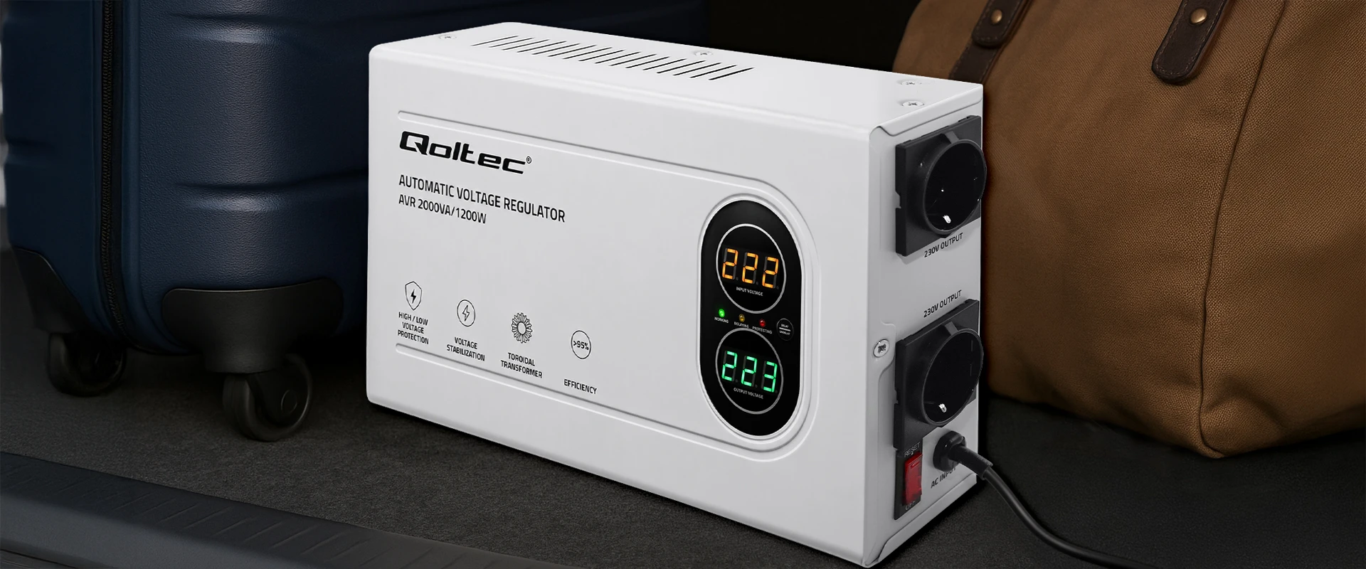 Qoltec Automatyczny Stabilizator napięcia AVR 2000VA | 1200W | Compact | Toroidalny transformator aprašymas - Prekės nuotrauka