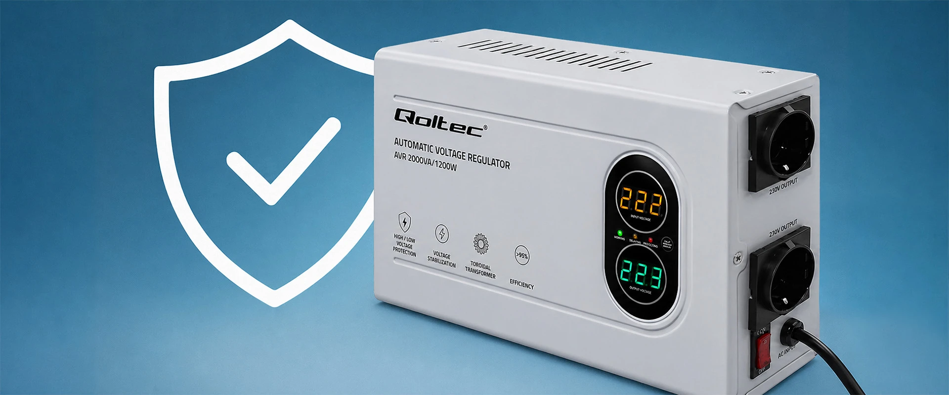 Qoltec Automatyczny Stabilizator napięcia AVR 2000VA | 1200W | Compact | Toroidalny transformator aprašymas - Prekės nuotrauka