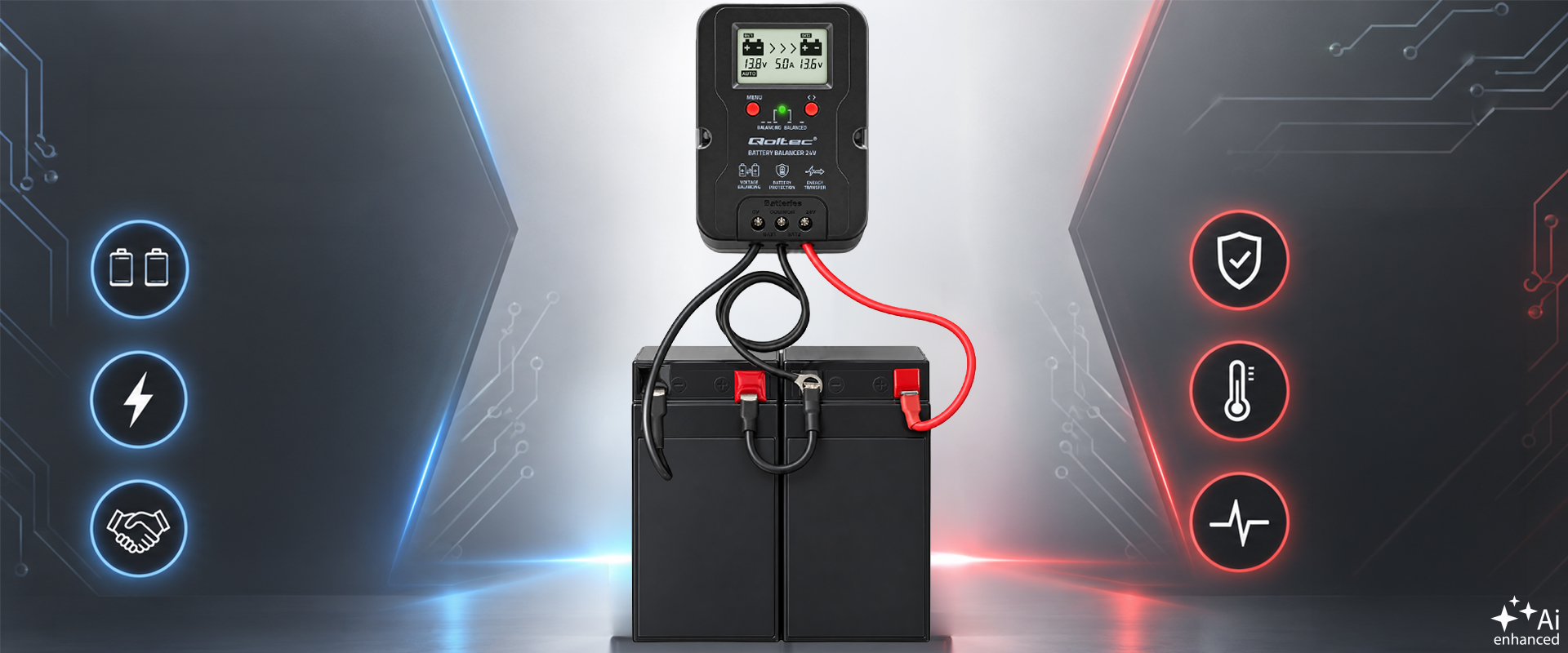 Qoltec Balanser napięcia 24V do akumulatorów 2 x 12V | 5A | AGM GEL LiFePO4 | LCD aprašymas - Prekės nuotrauka