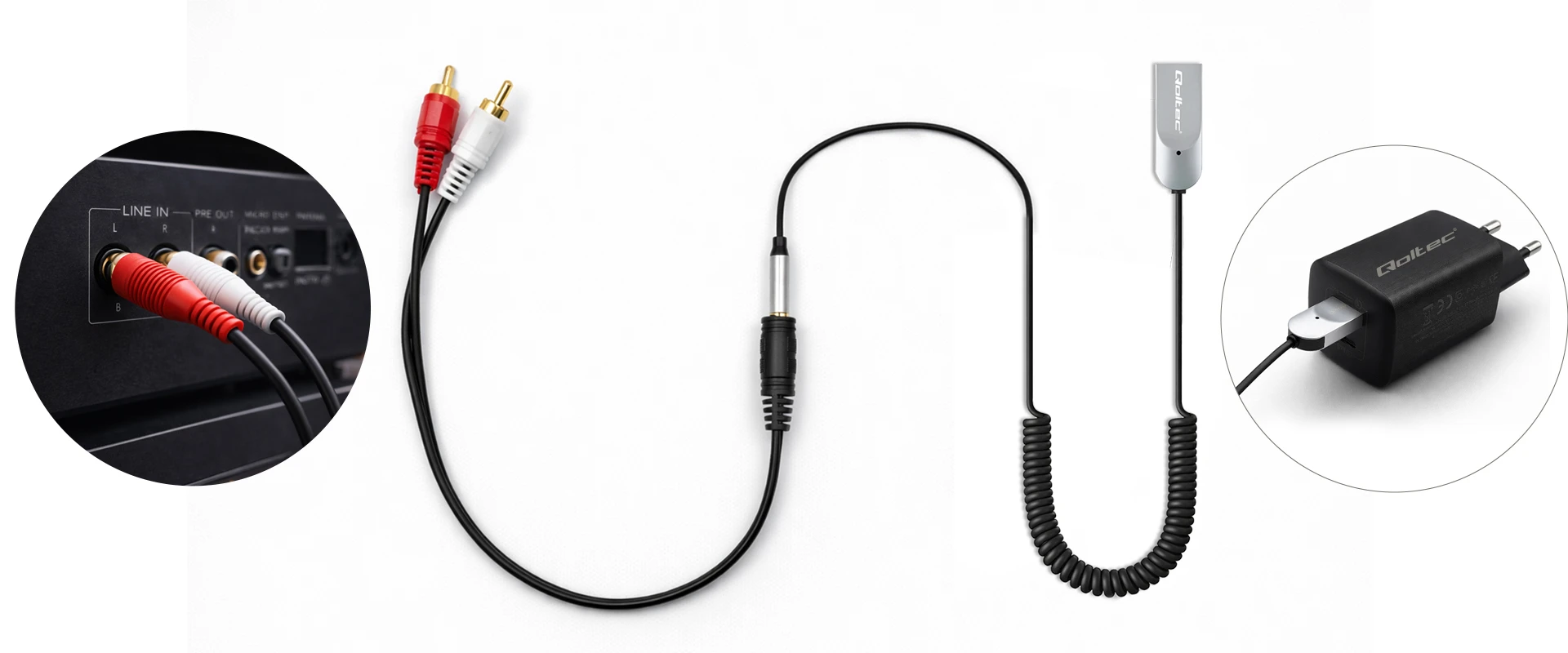 Roxtone „Qoltec“ belaidis adapteris, garso ir HiFi imtuvas namams ir automobiliui | „Bluetooth 6.0“ | 2 x RCA | 1 x AUX minijungtis (3,5 mm) | USB | Mikrofonas aprašymas - Prekės nuotrauka
