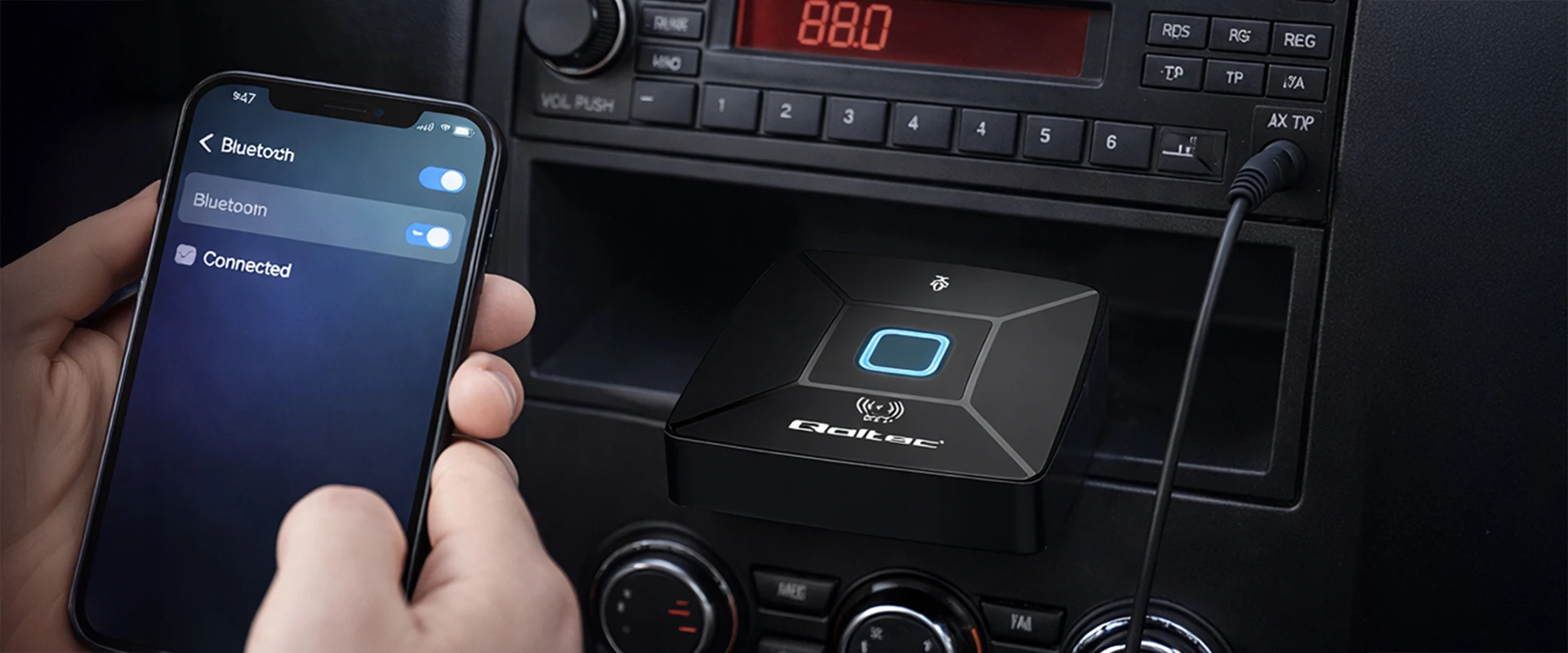 Roxtone Qoltec Bezprzewodowy transmiter odbiornik Audio HiFi Home&Car| Bluetooth 6.0 | NFC | 2 x RCA | 1 x AUX MiniJack 3.5mm| Mikrofonas aprašymas - Prekės nuotrauka