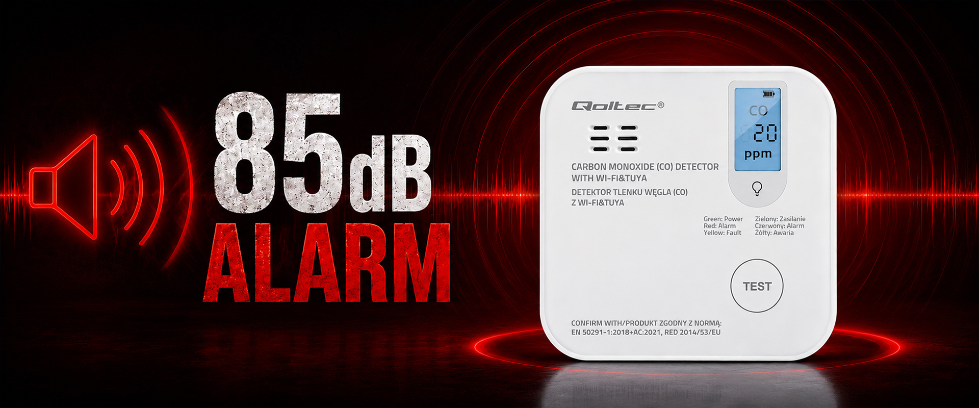 Qoltec Certyfikowany belaidis Czujnik tlenku węgla (czadu) su baterią | detektor CO | TUYA | Wi-fi | żywotność sensora 10 lat | alarm 85dB | LED aprašymas - Prekės nuotrauka