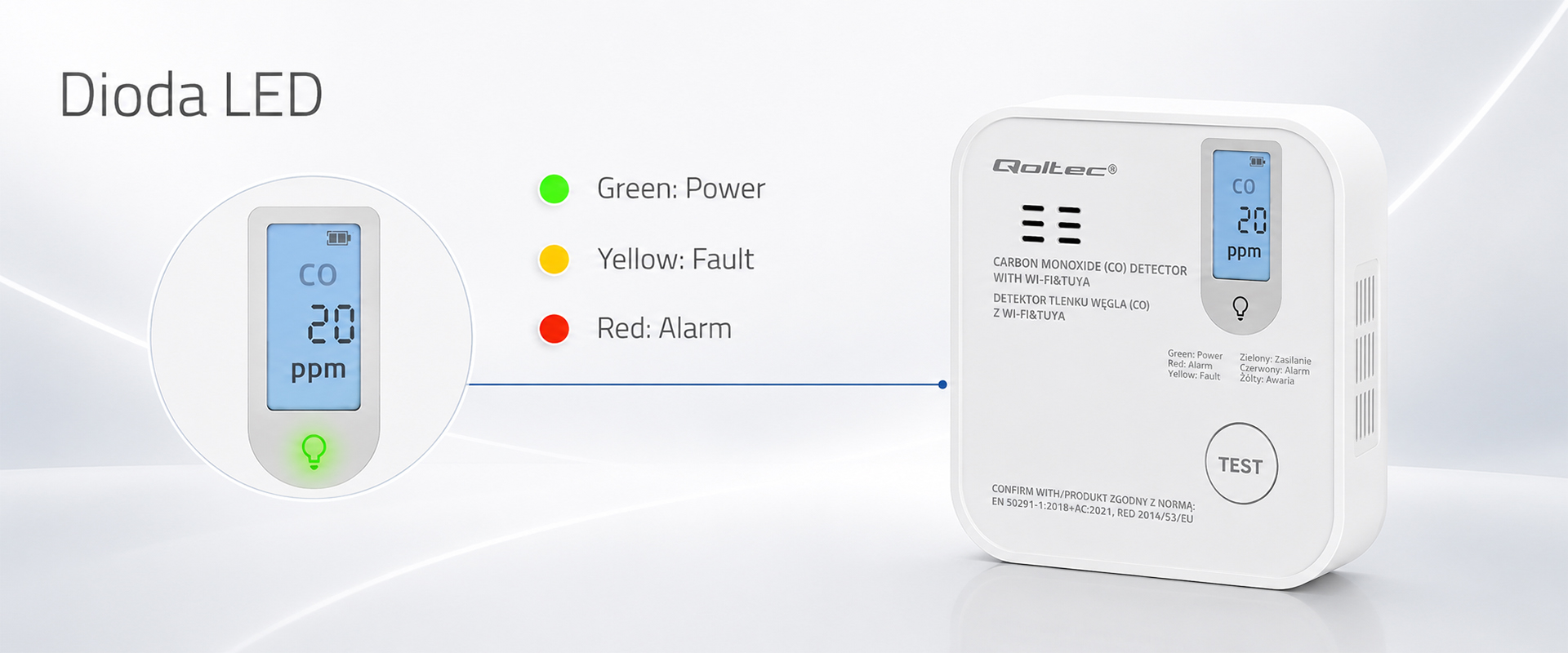 Qoltec Certyfikowany belaidis Czujnik tlenku węgla (czadu) su baterią | detektor CO | TUYA | Wi-fi | żywotność sensora 10 lat | alarm 85dB | LED aprašymas - Prekės nuotrauka
