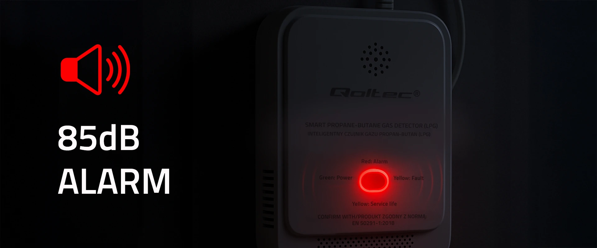 Qoltec Propano-butano dujų nuotėkio jutiklis | SND detektorius | 85db signalizacija | LED aprašymas - Prekės nuotrauka