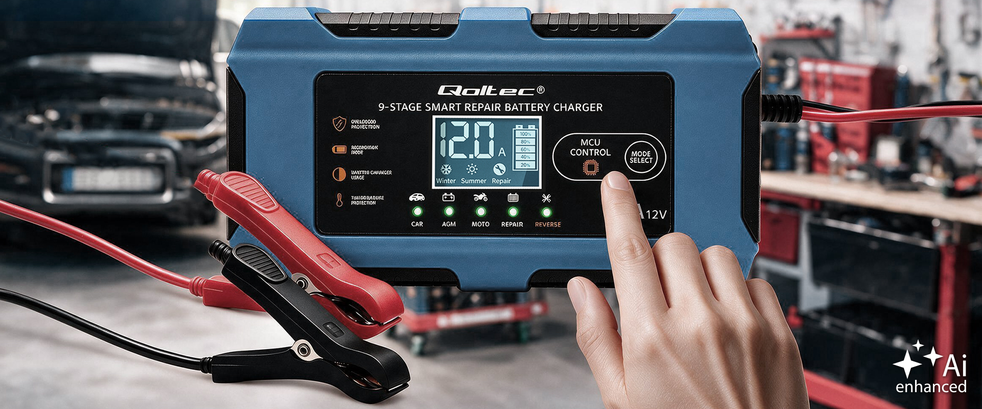 Qoltec Protingas įkroviklis 12V 10A | Įkroviklis su atkūrimo funkcija | MCU | Auto OFF | 9 pakopų įkrovimas | AGM GEL LiFePO4 aprašymas - Prekės nuotrauka