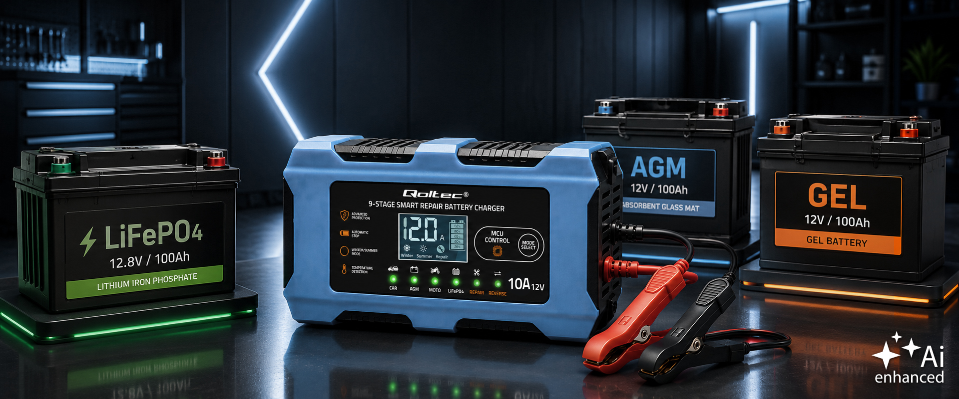 Qoltec Protingas įkroviklis 12V 10A | Įkroviklis su atkūrimo funkcija | MCU | Auto OFF | 9 pakopų įkrovimas | AGM GEL LiFePO4 aprašymas - Prekės nuotrauka