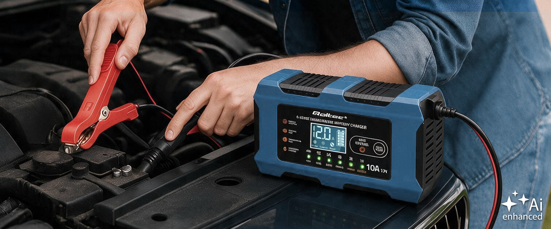 Qoltec Protingas įkroviklis 12V 10A | Įkroviklis su atkūrimo funkcija | MCU | Auto OFF | 9 pakopų įkrovimas | AGM GEL LiFePO4 aprašymas - Prekės nuotrauka