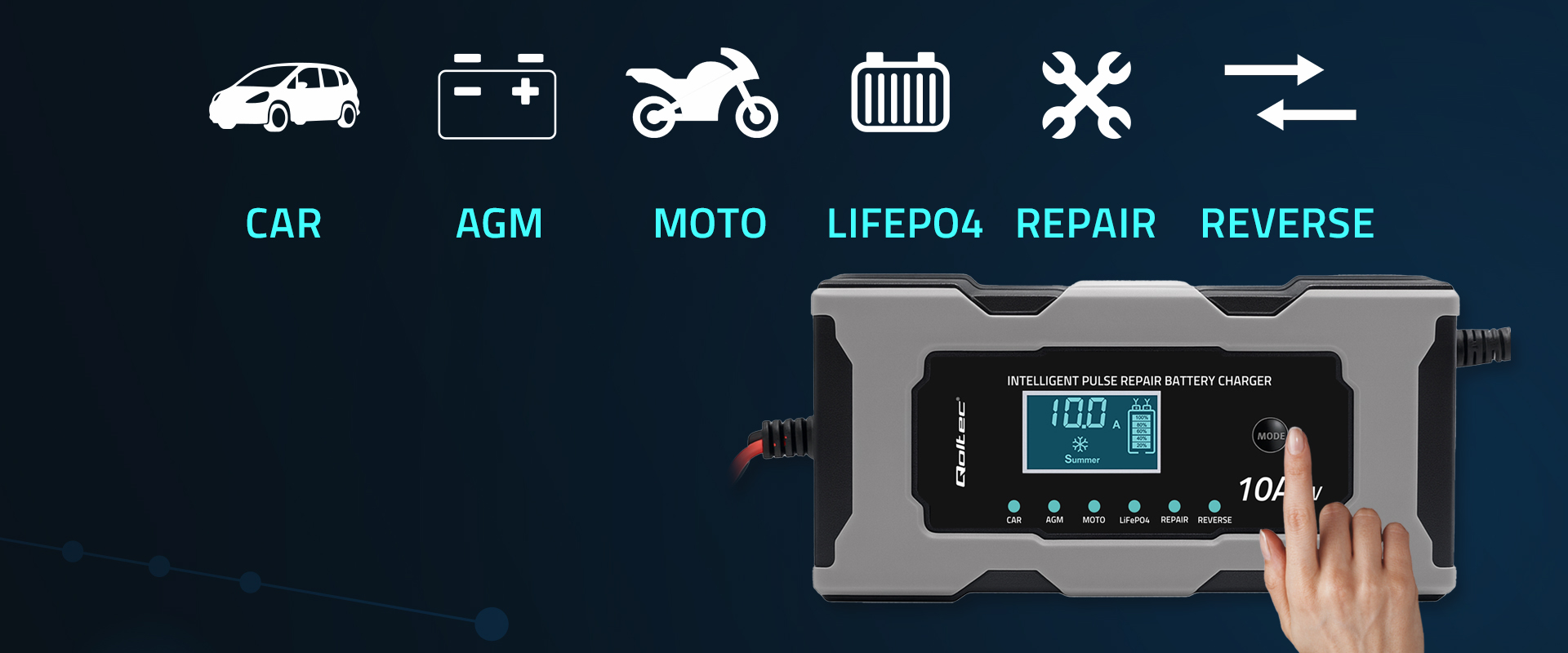 Qoltec Inteligentna mikroprocesorinis kroviklis 12V 10A | Prostownik su funkcija naprawy do akumulatora AGM GEL LiFePO4 aprašymas - Prekės nuotrauka Qoltec Inteligentna mikroprocesorinis kroviklis 12V 10A | Prostownik su funkcija naprawy do akumulatora AGM GEL LiFePO4 aprašymas - Prekės nuotrauka