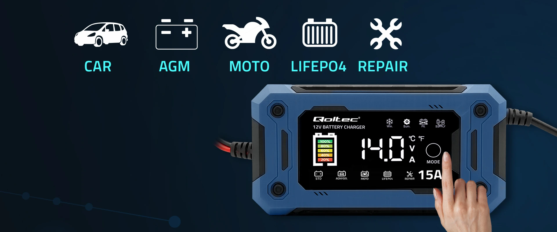 „Qoltec“ išmanusis mikroprocesorius 12 V 15 A | Lygintuvas su remonto ir maitinimo palaikymo funkcija keičiant akumuliatorių | skirtas AGM GEL LiFePO4 | LCD aprašymas - Prekės nuotrauka „Qoltec“ išmanusis mikroprocesorius 12 V 15 A | Lygintuvas su remonto ir maitinimo palaikymo funkcija keičiant akumuliatorių | skirtas AGM GEL LiFePO4 | LCD aprašymas - Prekės nuotrauka