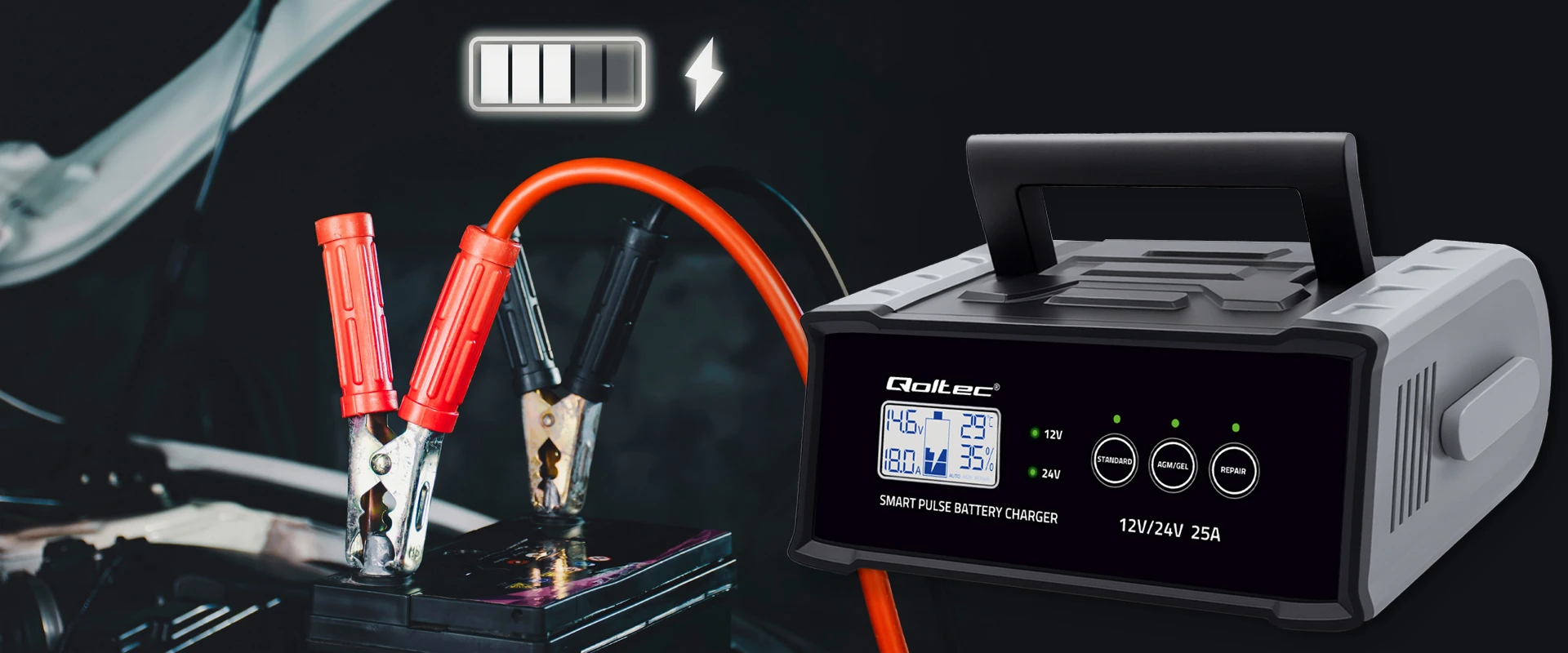 Qoltec Inteligentna mikroprocesorinis kroviklis 12V 24V 25A| Prostownik su funkcija naprawy do akumulatora AGM GEL SLA | LCD aprašymas - Prekės nuotrauka