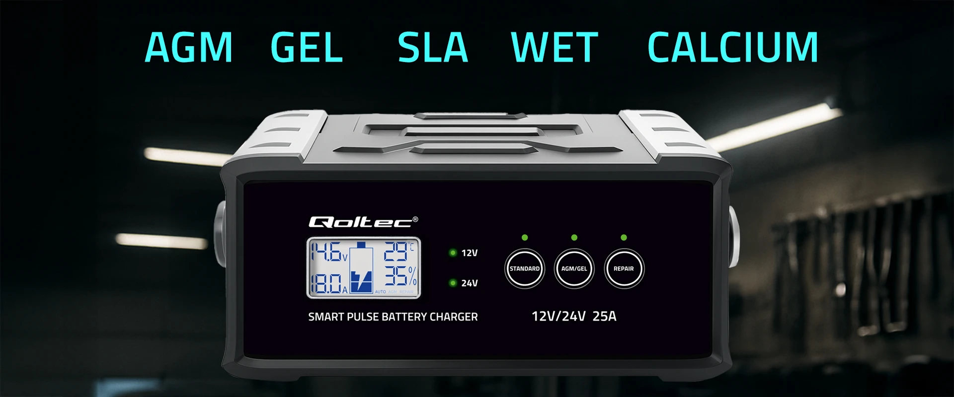 Qoltec Inteligentna mikroprocesorinis kroviklis 12V 24V 25A| Prostownik su funkcija naprawy do akumulatora AGM GEL SLA | LCD aprašymas - Prekės nuotrauka