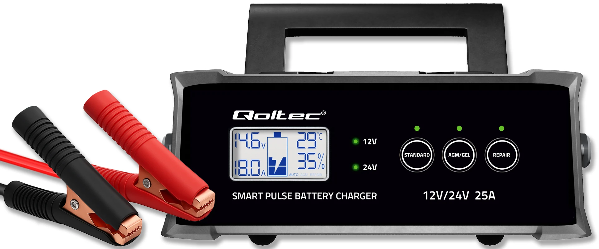Qoltec Inteligentna mikroprocesorinis kroviklis 12V 24V 25A| Prostownik su funkcija naprawy do akumulatora AGM GEL SLA | LCD aprašymas - Prekės nuotrauka