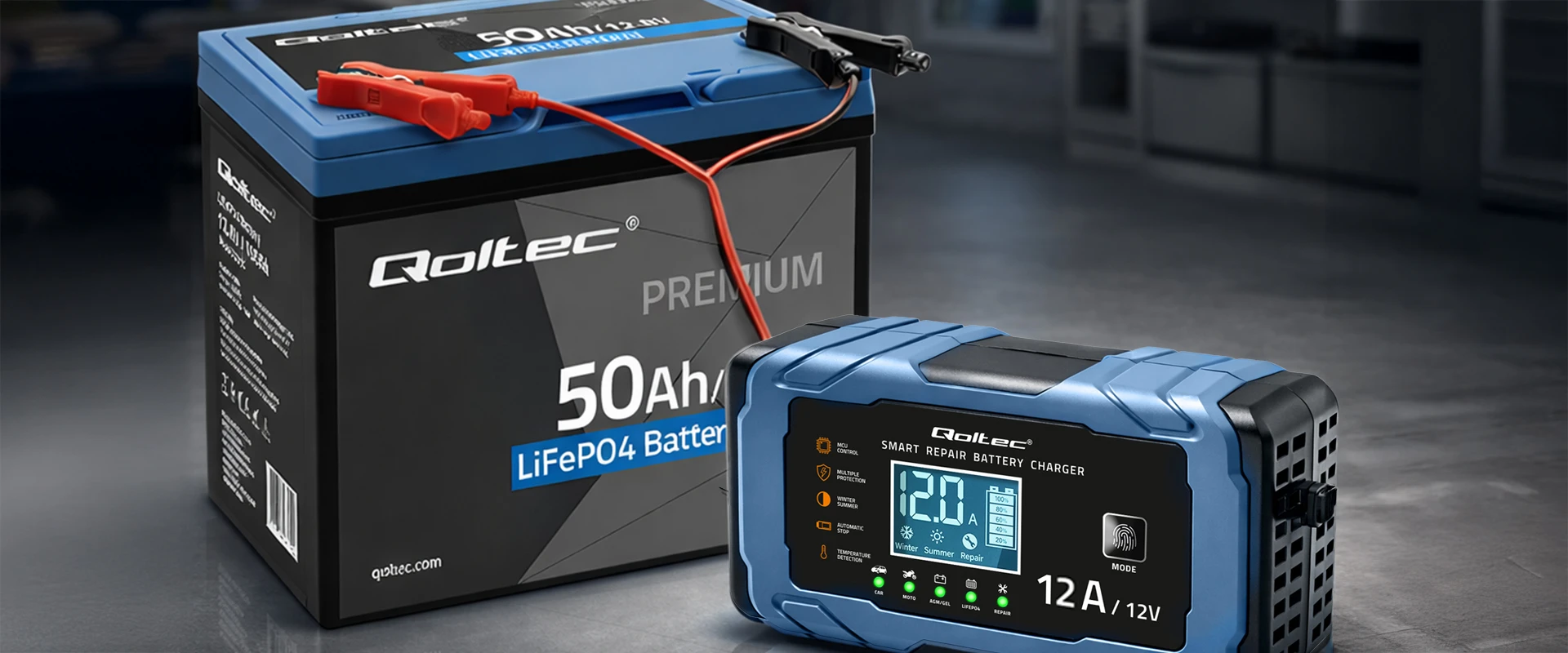 Qoltec Inteligentna mikroprocesorinis kroviklis 12V 12A | Prostownik su funkcija naprawy | AGM GEL LiFePO4 | 9- stopniowe ładowanie aprašymas - Prekės nuotrauka