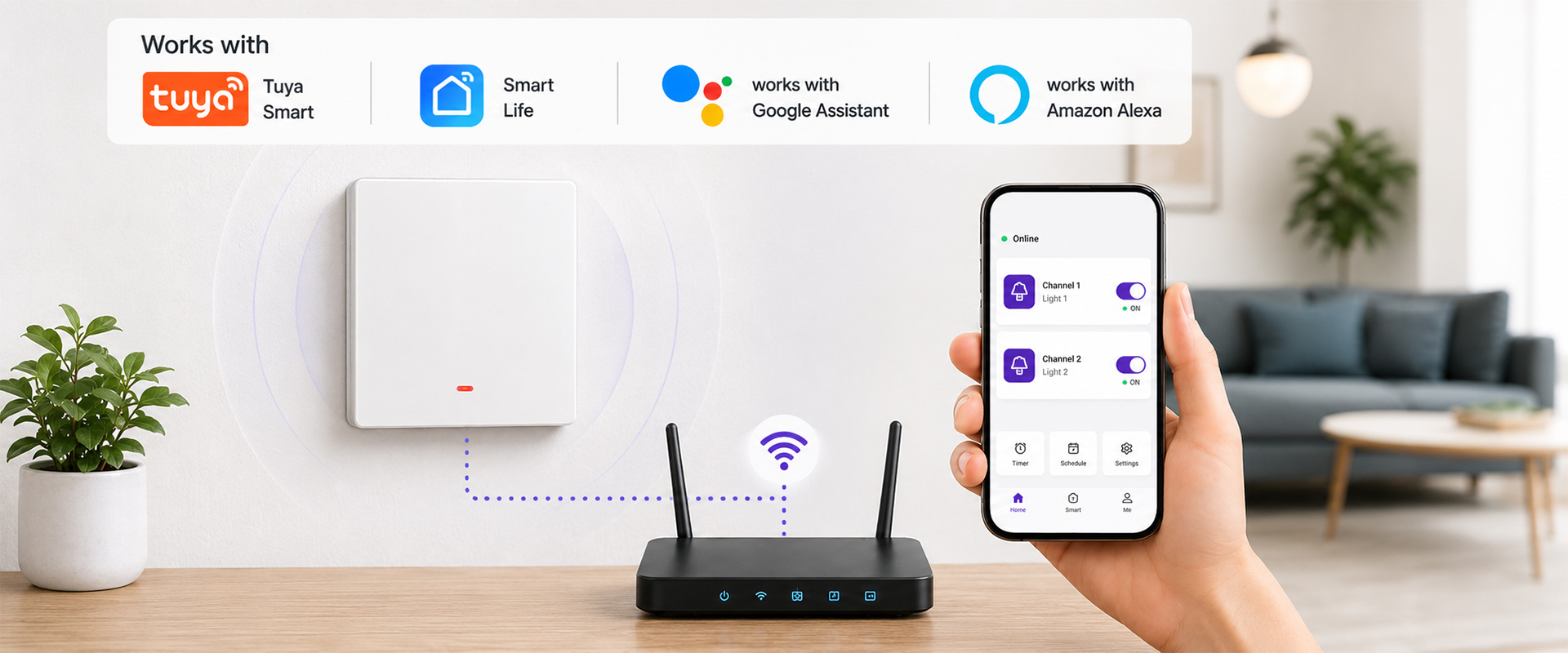 Qoltec Inteligentny 1-kanałowy jungiklis wyłacznik światła | Wi-Fi | Timer | Tuya | Smart life | Baltas aprašymas - Prekės nuotrauka