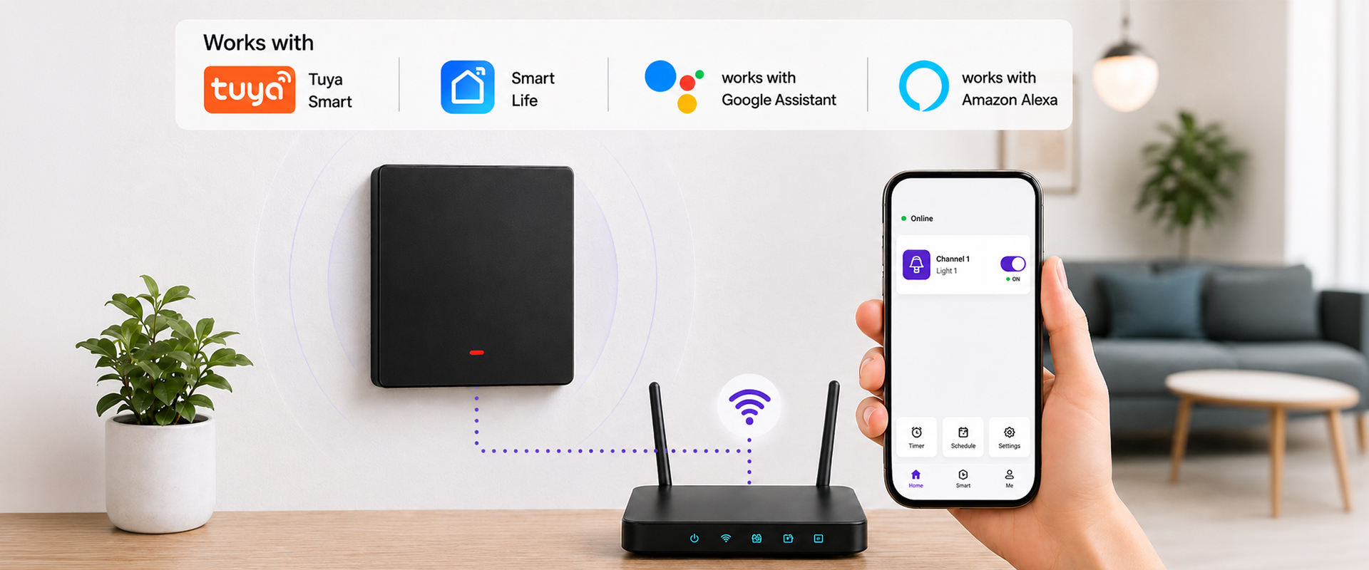 Qoltec Inteligentny 1-kanałowy jungiklis wyłącznik światła | Wi-Fi | Timer | Tuya | Smart life | Juodas aprašymas - Prekės nuotrauka