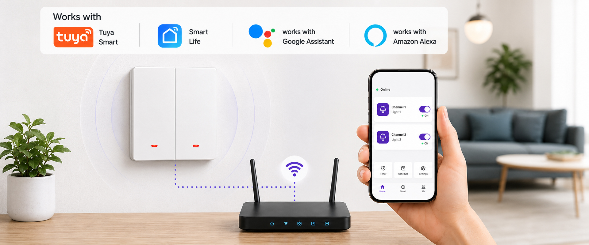 Qoltec Inteligentny 2-kanałowy jungiklis wyłacznik światła | Wi-Fi |Timer| Tuya | Smart life | Baltas aprašymas - Prekės nuotrauka