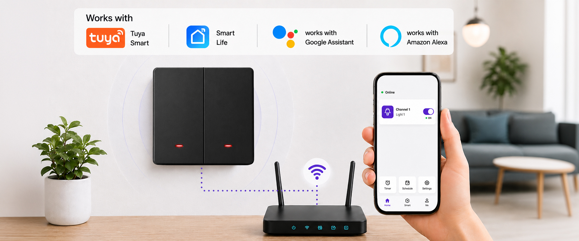 Qoltec Inteligentny 2-kanałowy jungiklis wyłącznik światła | Wi-Fi | Timer | Tuya | Smart life | Juodas aprašymas - Prekės nuotrauka