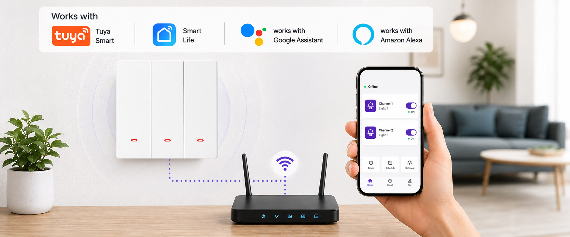 Qoltec Inteligentny 3-kanałowy jungiklis wyłacznik światła | Wi-Fi | Timer| Tuya | Smart life | Baltas aprašymas - Prekės nuotrauka