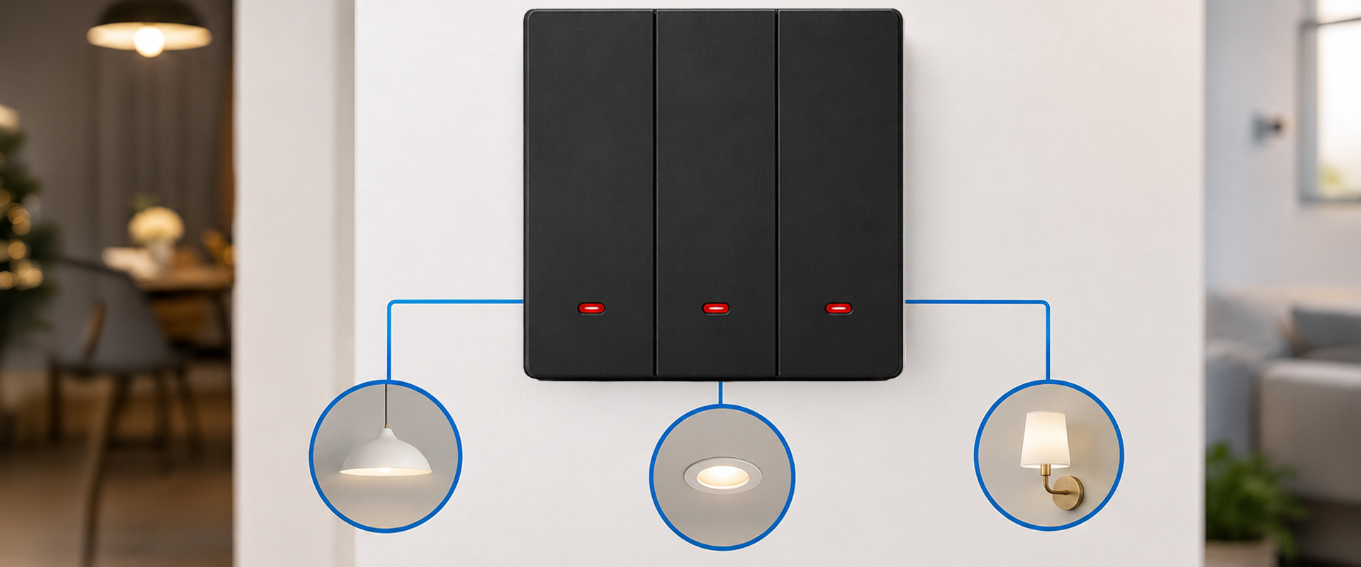 Qoltec Inteligentny 3-kanałowy jungiklis wyłącznik światła | Wi-Fi | Timer | Tuya | Smart life | Juodas aprašymas - Prekės nuotrauka