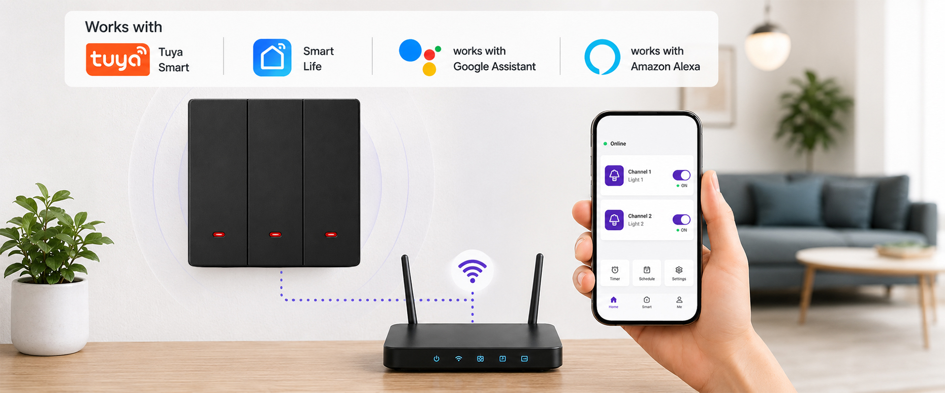 Qoltec Inteligentny 3-kanałowy jungiklis wyłącznik światła | Wi-Fi | Timer | Tuya | Smart life | Juodas aprašymas - Prekės nuotrauka