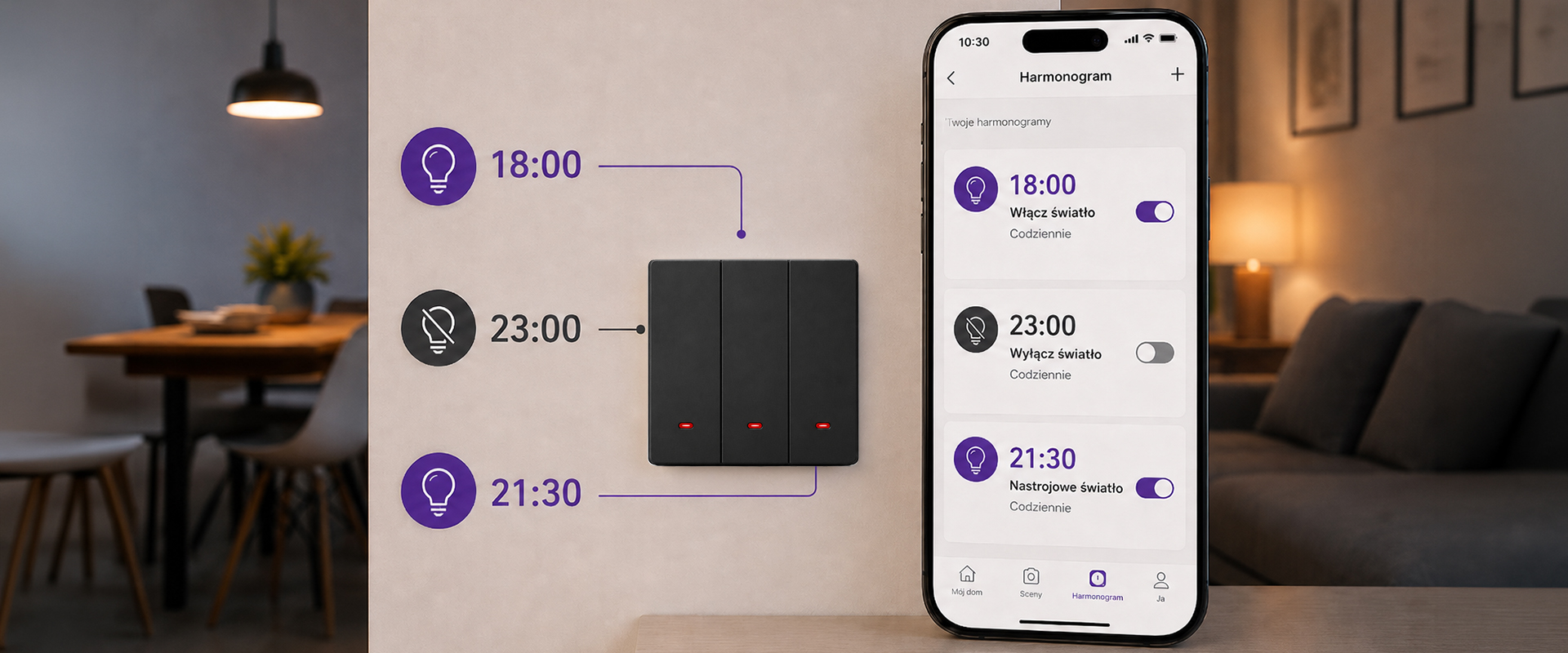 Qoltec Inteligentny 3-kanałowy jungiklis wyłącznik światła | Wi-Fi | Timer | Tuya | Smart life | Juodas aprašymas - Prekės nuotrauka
