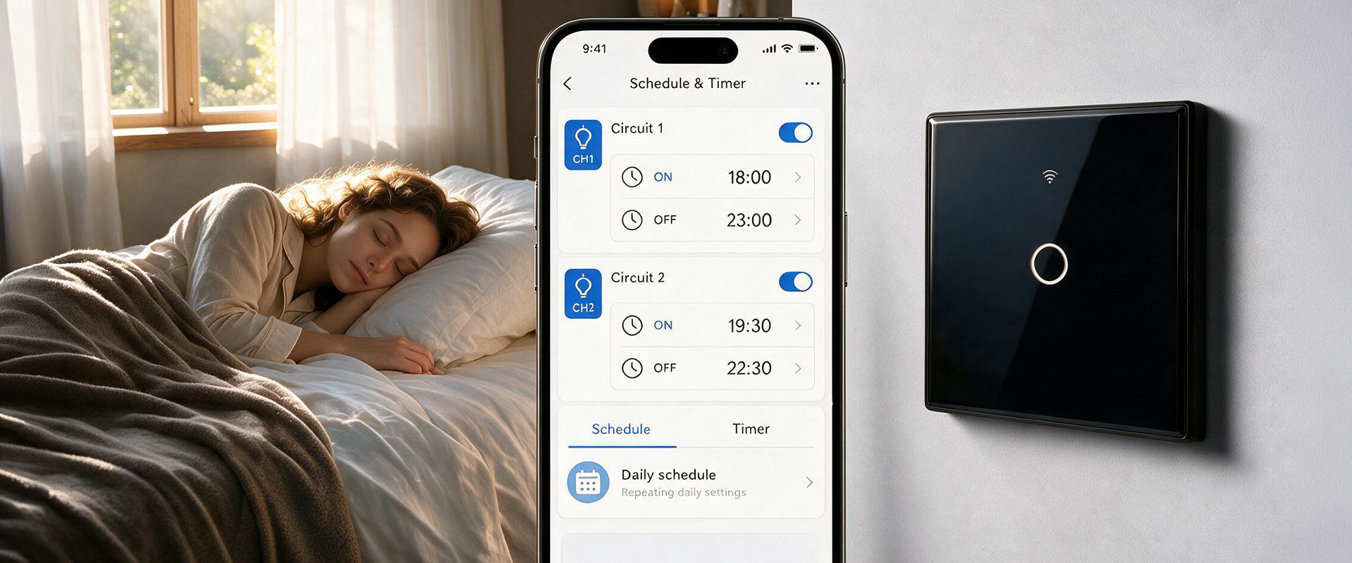 Qoltec Inteligentny dotykowy 1-kanałowy jungiklis wyłącznik światła | Wi-Fi | Timer | Tuya | Smart life | Hartowane szkło | Juodas aprašymas - Prekės nuotrauka