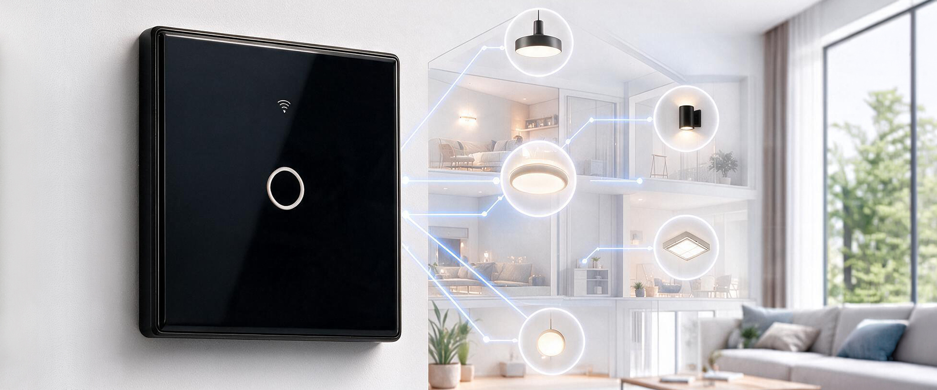 Qoltec Inteligentny dotykowy 1-kanałowy jungiklis wyłącznik światła | Wi-Fi | Timer | Tuya | Smart life | Hartowane szkło | Juodas aprašymas - Prekės nuotrauka
