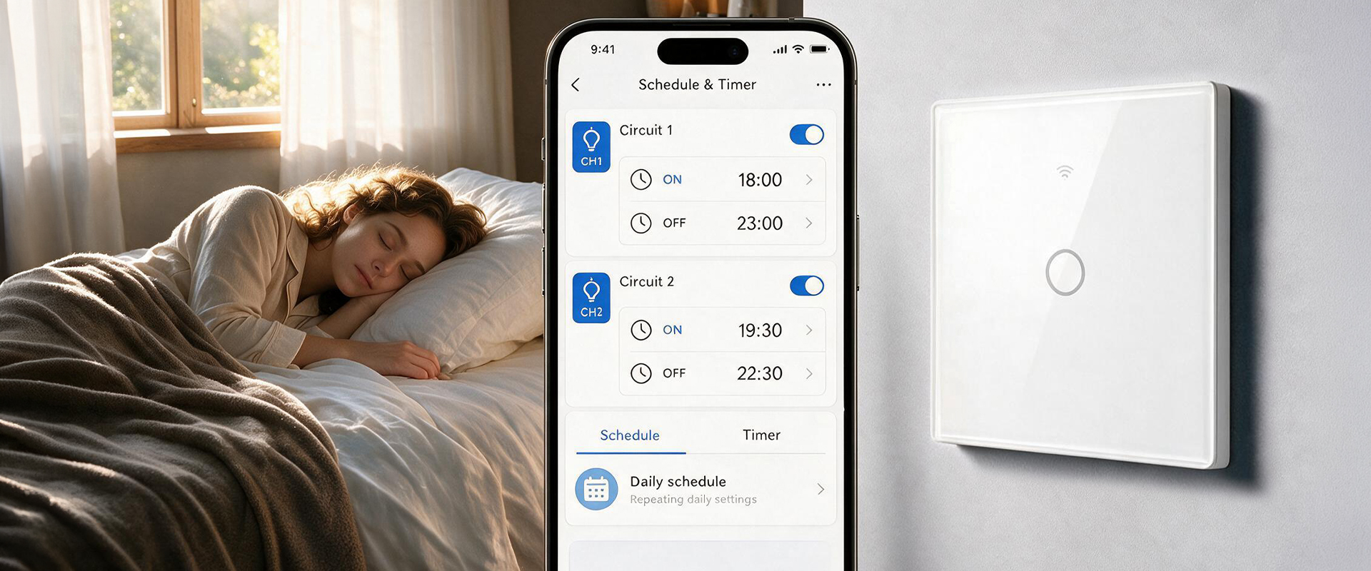 Qoltec Inteligentny dotykowy 1-kanałowy jungiklis wyłącznik światła | Wi-Fi | Timer | Tuya | Smart life | Hartowane szkło | Baltas aprašymas - Prekės nuotrauka