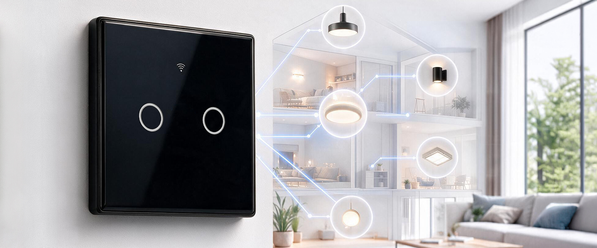 Qoltec Inteligentny dotykowy 2-kanałowy jungiklis wyłącznik światła | Wi-Fi | Timer | Tuya | Smart life | Hartowane szkło | Juodas aprašymas - Prekės nuotrauka