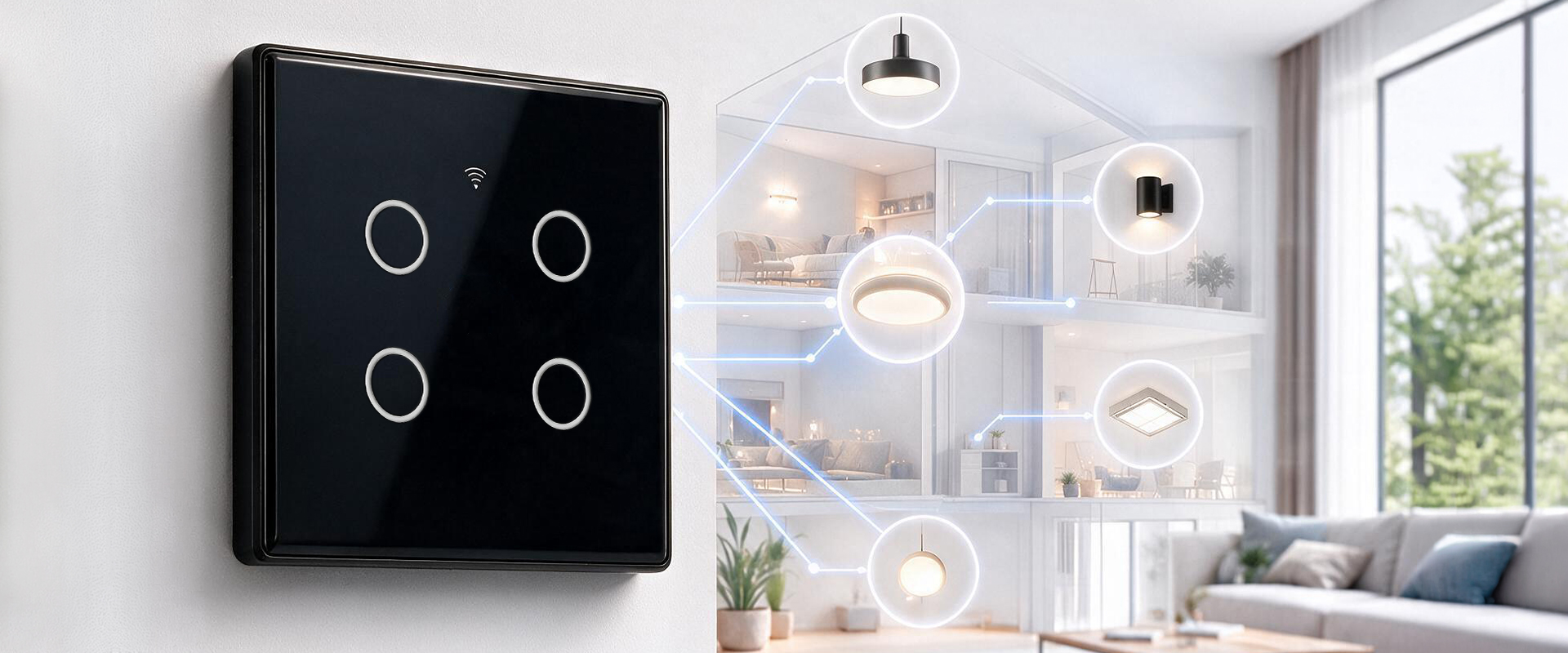 Qoltec Inteligentny dotykowy 4-kanałowy jungiklis wyłącznik światła | Wi-Fi | Timer | Tuya | Smart life | Hartowane szkło | Juodas aprašymas - Prekės nuotrauka
