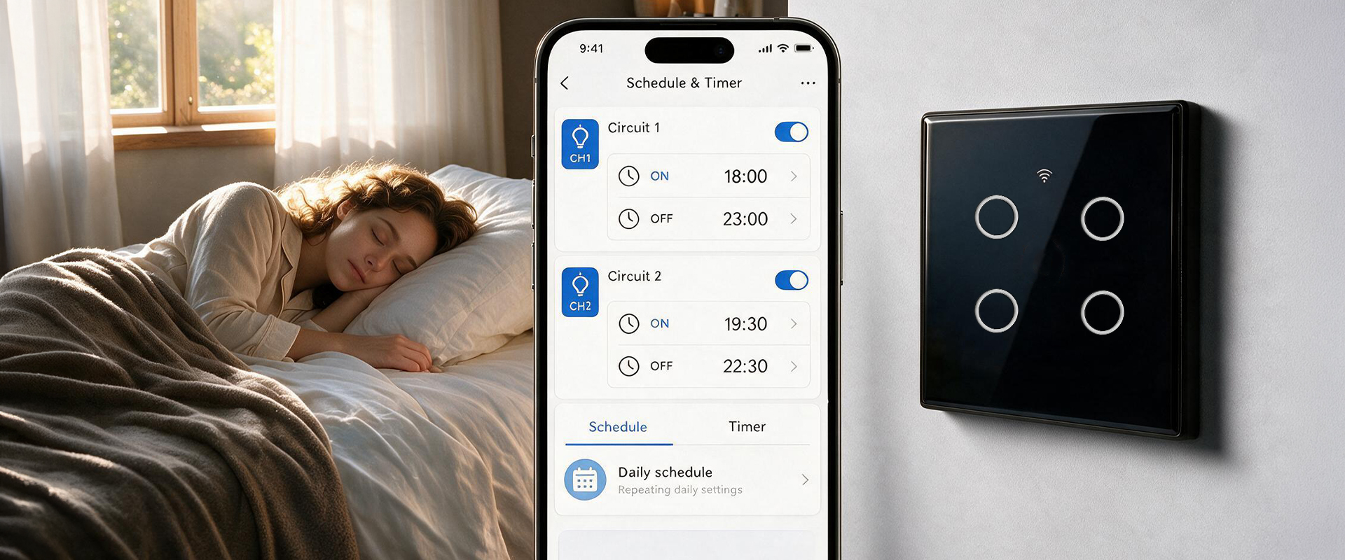 Qoltec Inteligentny dotykowy 4-kanałowy jungiklis wyłącznik światła | Wi-Fi | Timer | Tuya | Smart life | Hartowane szkło | Juodas aprašymas - Prekės nuotrauka