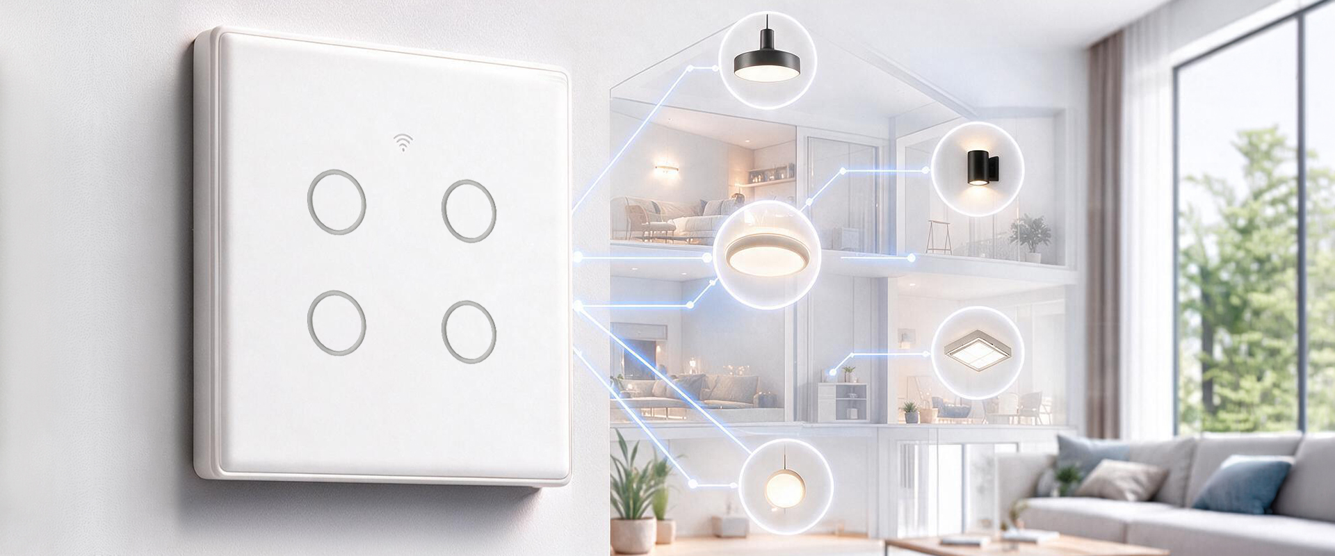 Qoltec Inteligentny dotykowy 4-kanałowy jungiklis wyłacznik światła | Wi-Fi | Timer| Tuya | Smart life | Hartowane szkło | Baltas aprašymas - Prekės nuotrauka
