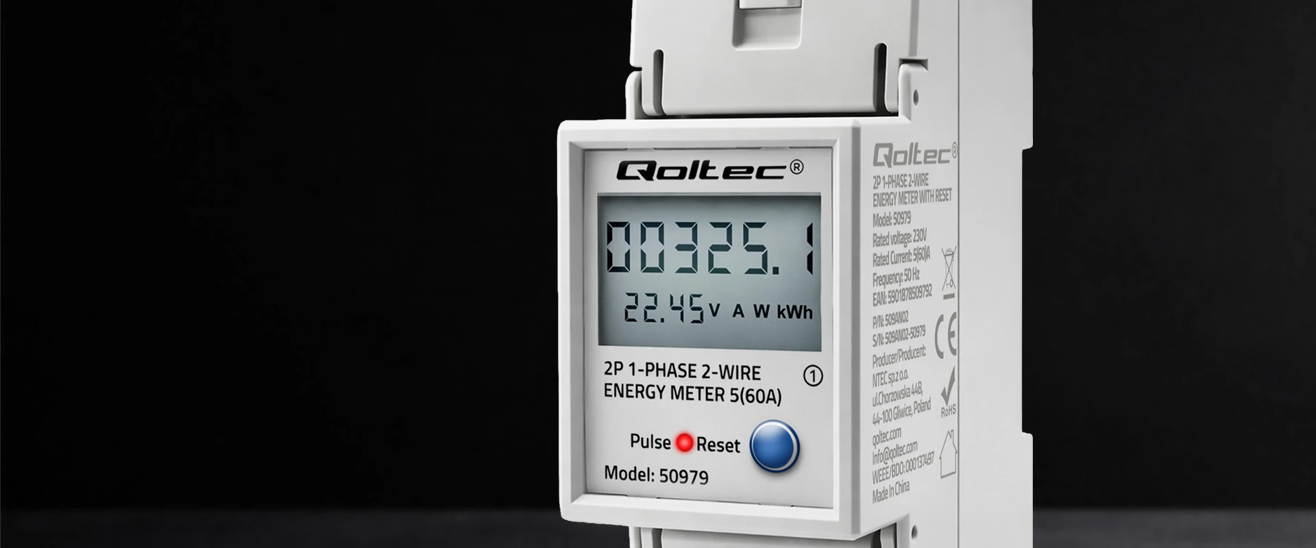 Qoltec Jednofazowy elektroninis licznik zużycia energii na szynę DIN | RESET | licznik okresowy i stały | 230V | 60A | LCD | LED | 2P aprašymas - Prekės nuotrauka