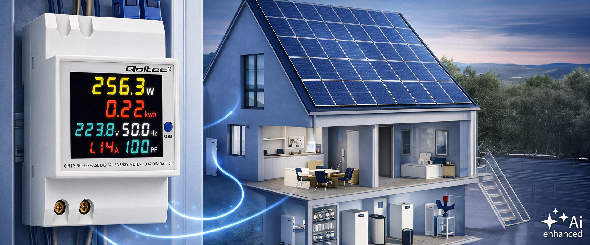 Qoltec Vienfazis skaitiklis 6v1 | energijos suvartojimo matuoklis ant DIN bėgelio | 230V | 100A | LCD | CT | 3P aprašymas - Prekės nuotrauka