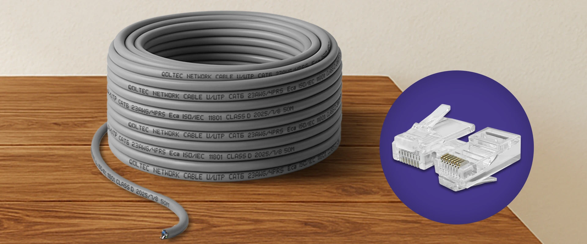 Qoltec Kabelis Patchcord sieciowy skrętka UTP| Miedziany Cu |CAT6 | High speed 1Gb/s | LAN | 50m | pilka aprašymas - Prekės nuotrauka